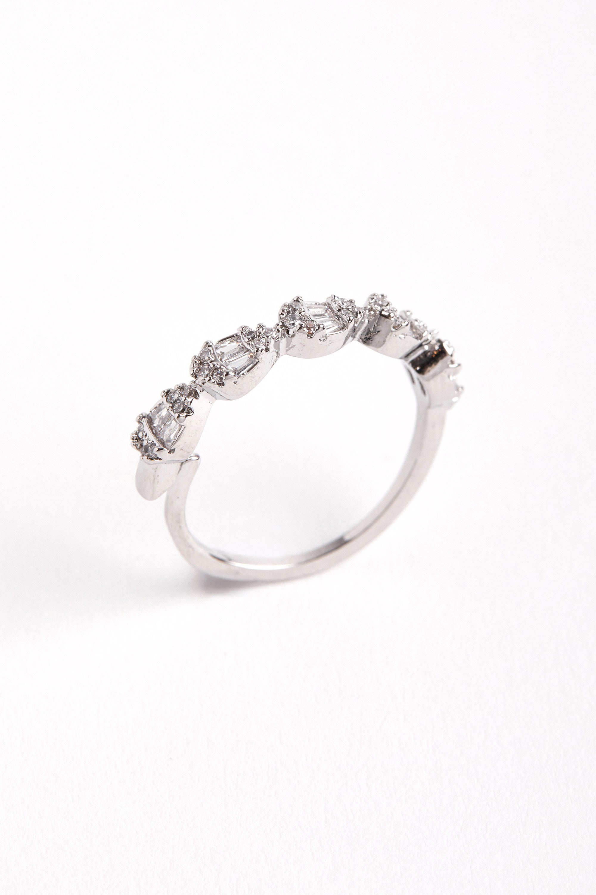 Rhodium Plated Diamond Stone Ring Silver