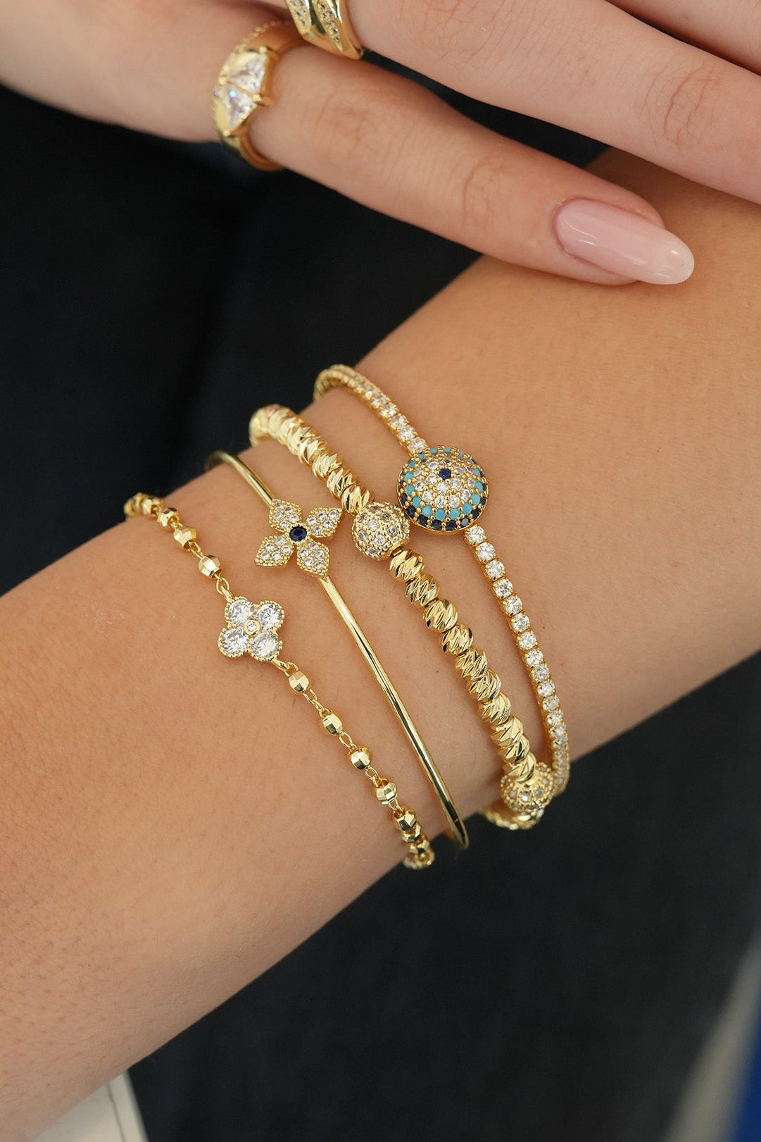 14K Altın Kaplama Zirkon Taşlı Nazar Boncuklu Bileklik