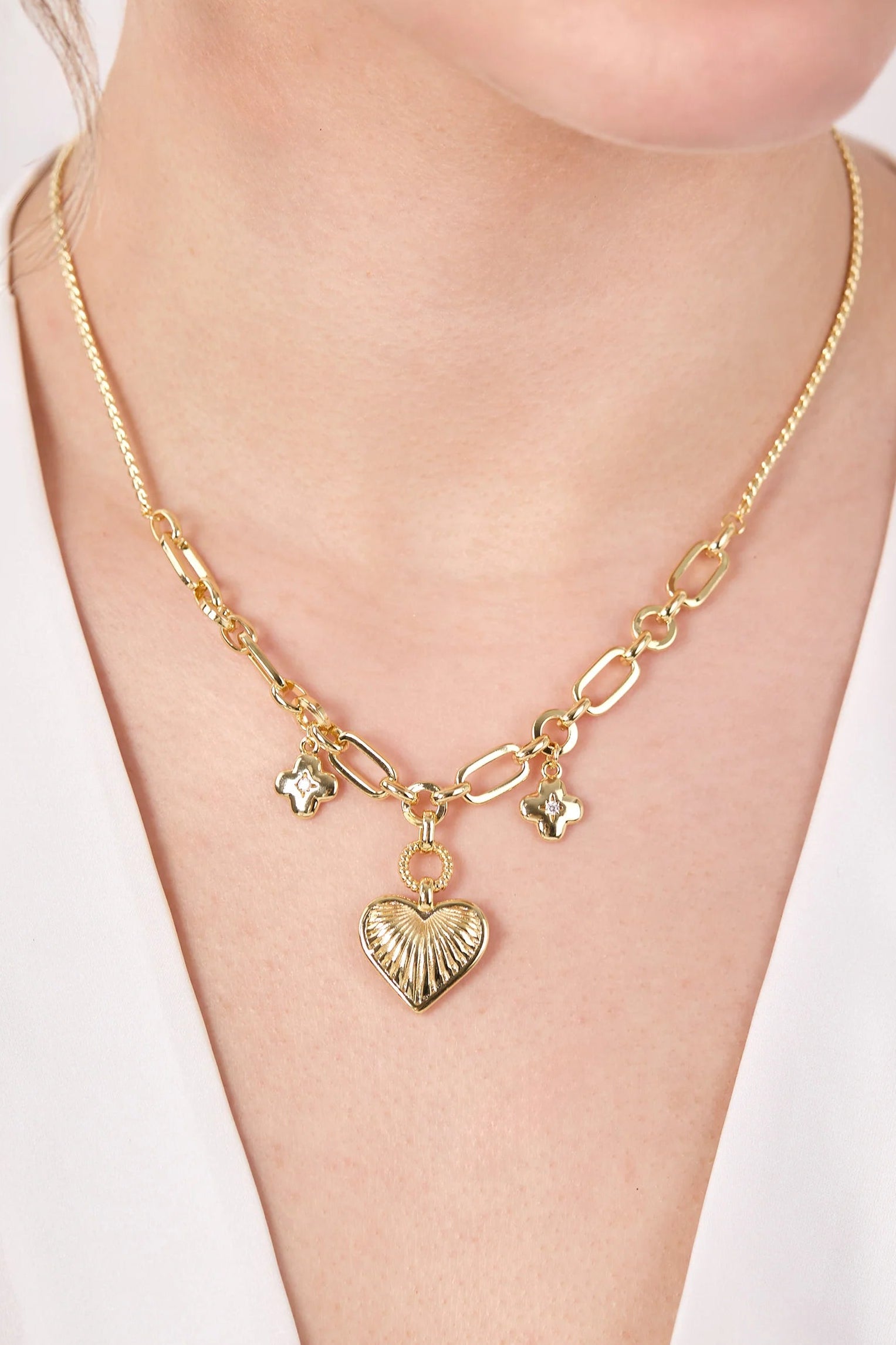 Özel Seri 14K Altın Kaplama Charmlı Kalpli Kolye