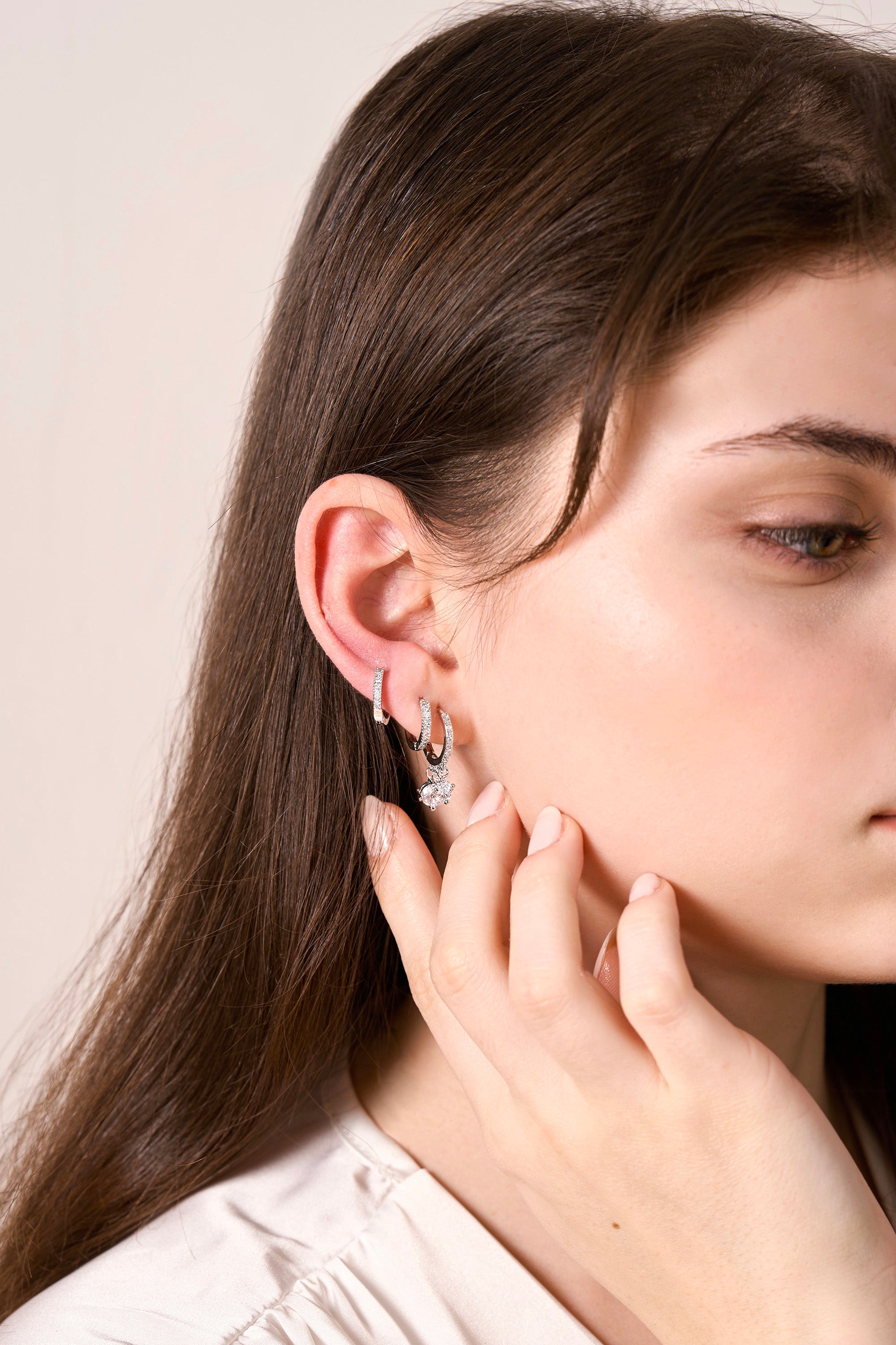 Triple Diamond Stone Earrings Silver