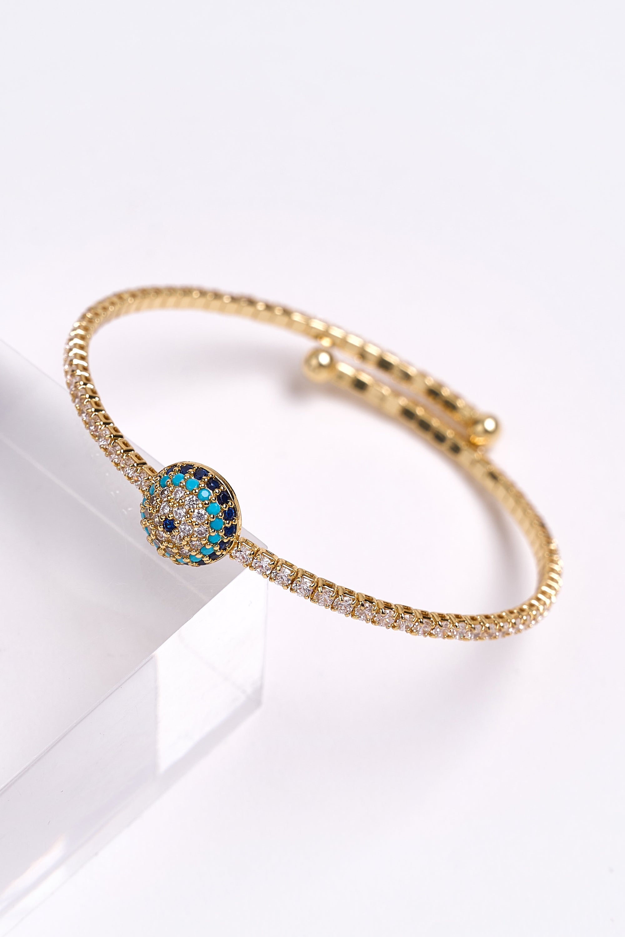 14K Altın Kaplama Zirkon Taşlı Nazar Boncuklu Bileklik