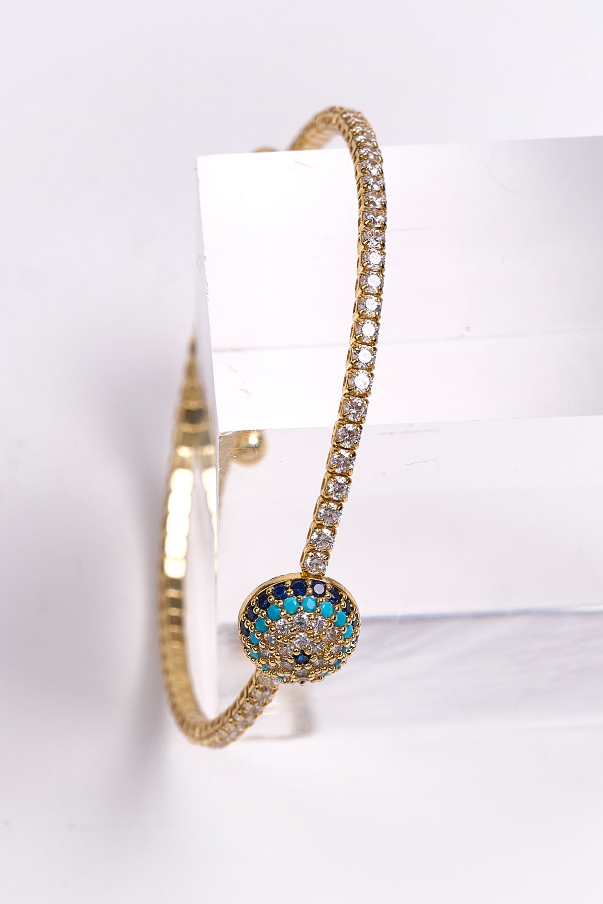 14K Altın Kaplama Zirkon Taşlı Nazar Boncuklu Bileklik