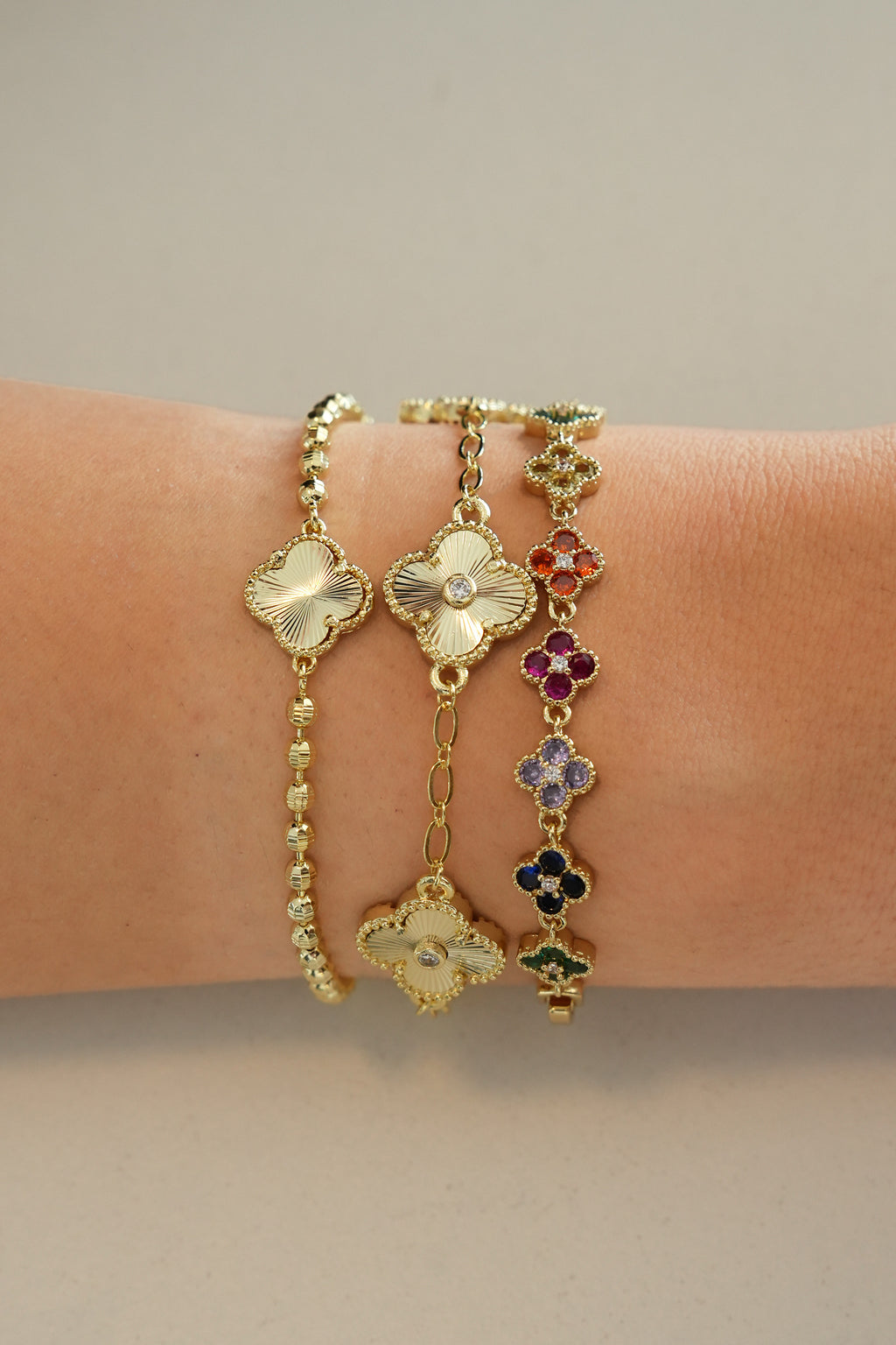 14K Altın Kaplama Dorika Taşlı Yonca Bileklik