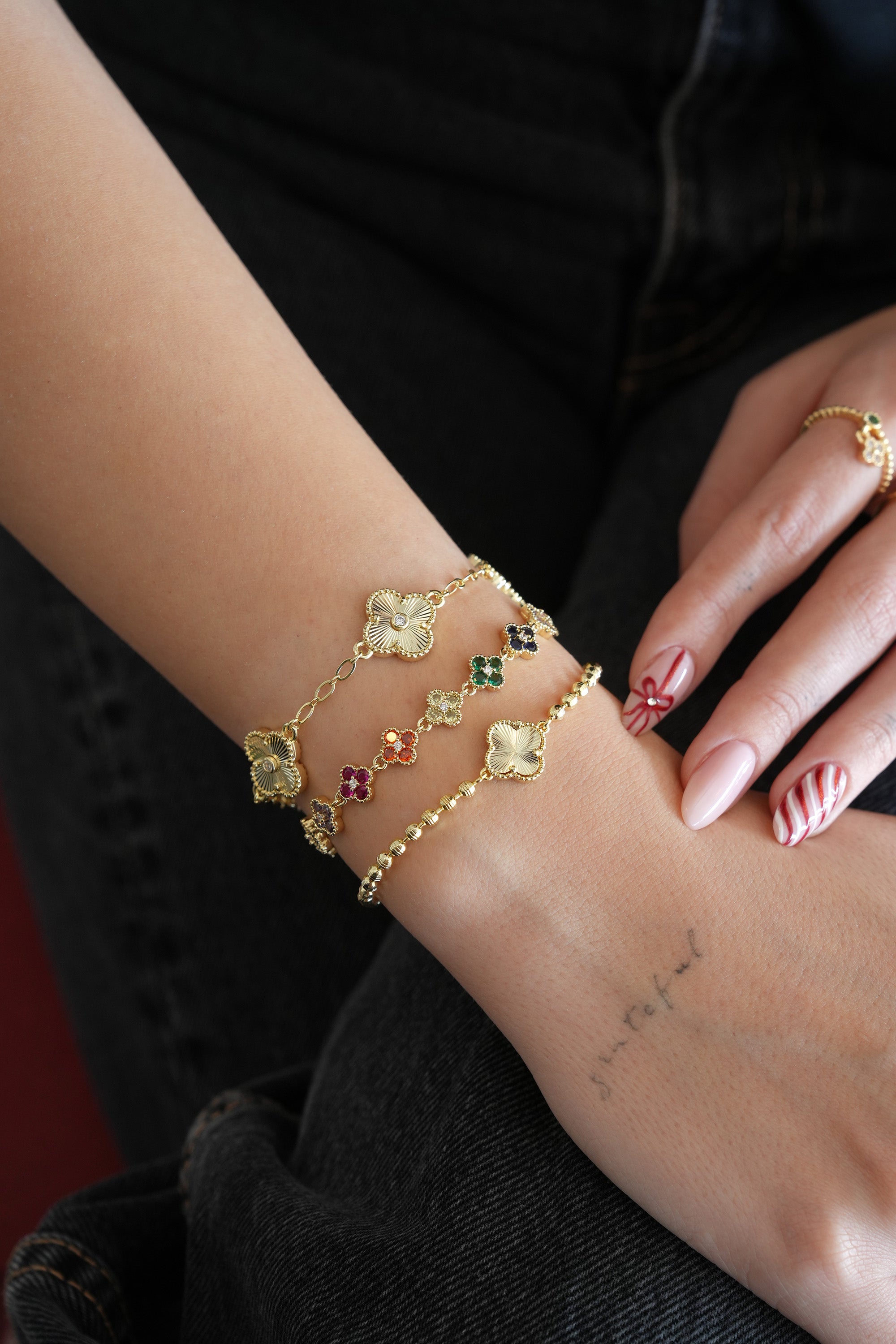 14K Altın Kaplama Taşlı 5'li Yonca Bileklik