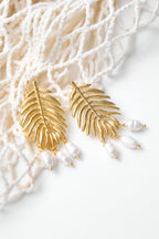 Altın Kaplama Ucu Gerçek İnci Yaprak Küpe