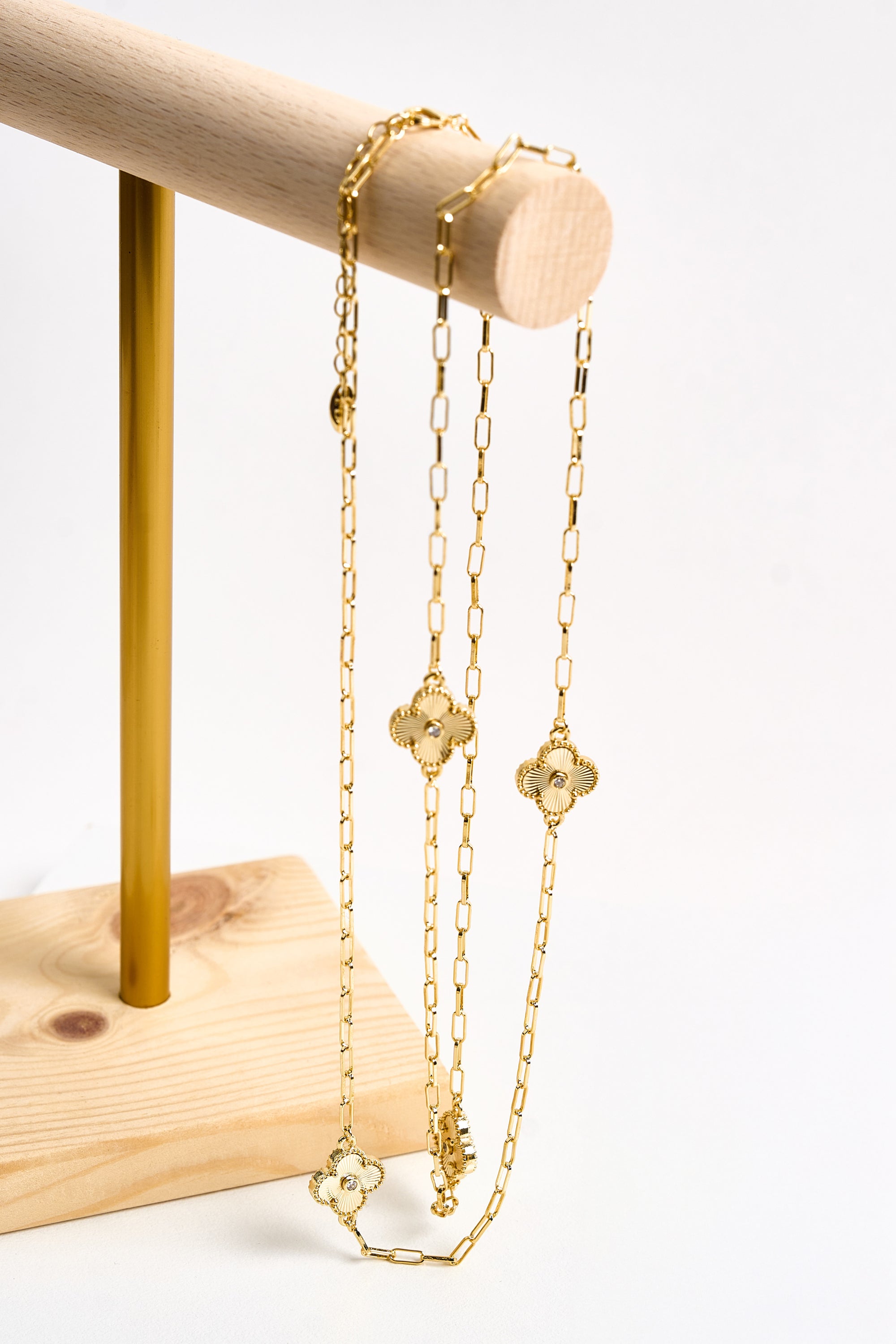 14K Altın Kaplama Uzun Yonca Kolye