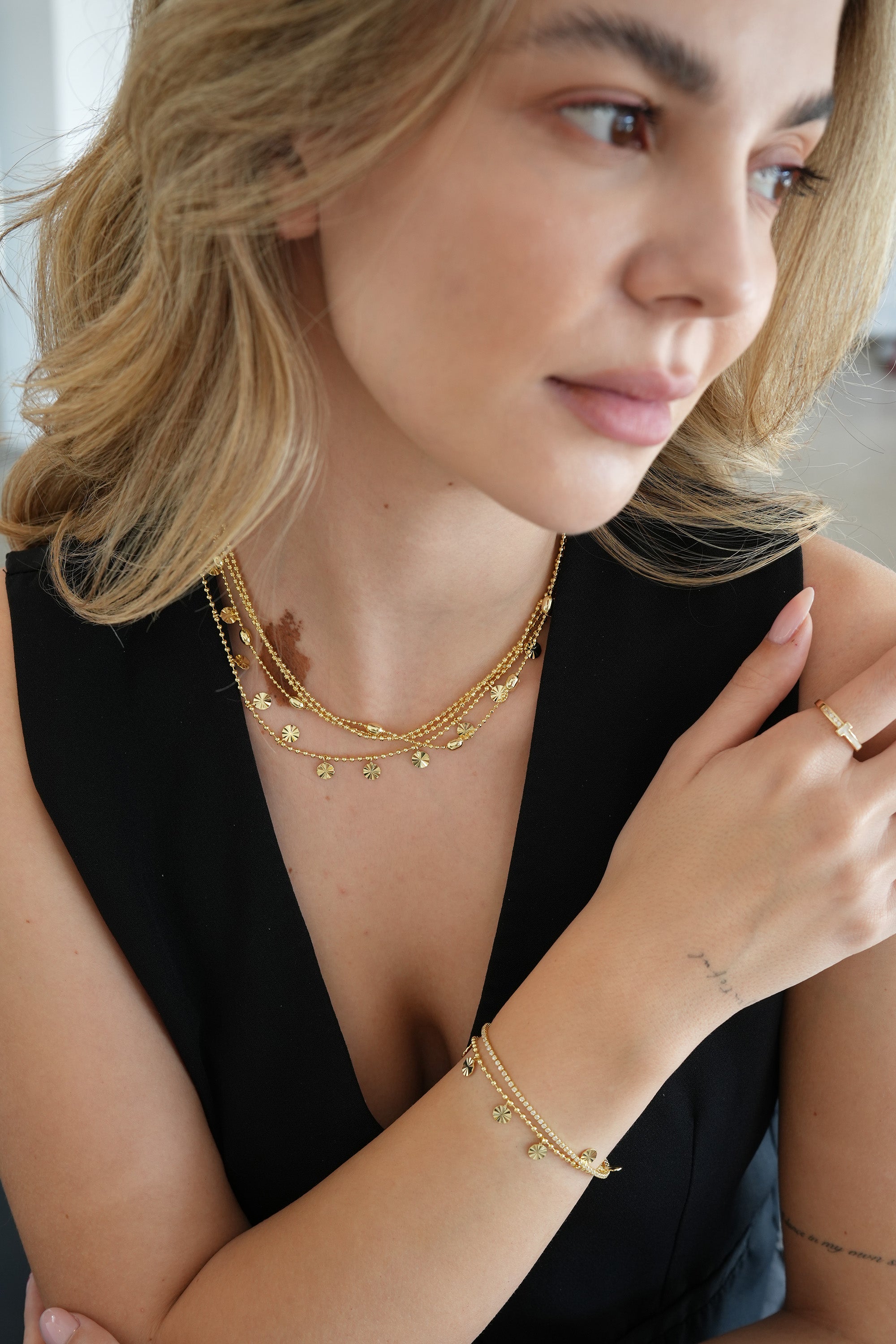 14K Altın Kaplama 3'lü Pullu Kolye