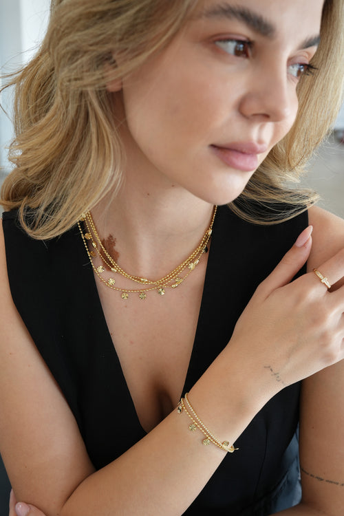 14K Altın Kaplama Pullu Taşlı 2'li Bileklik