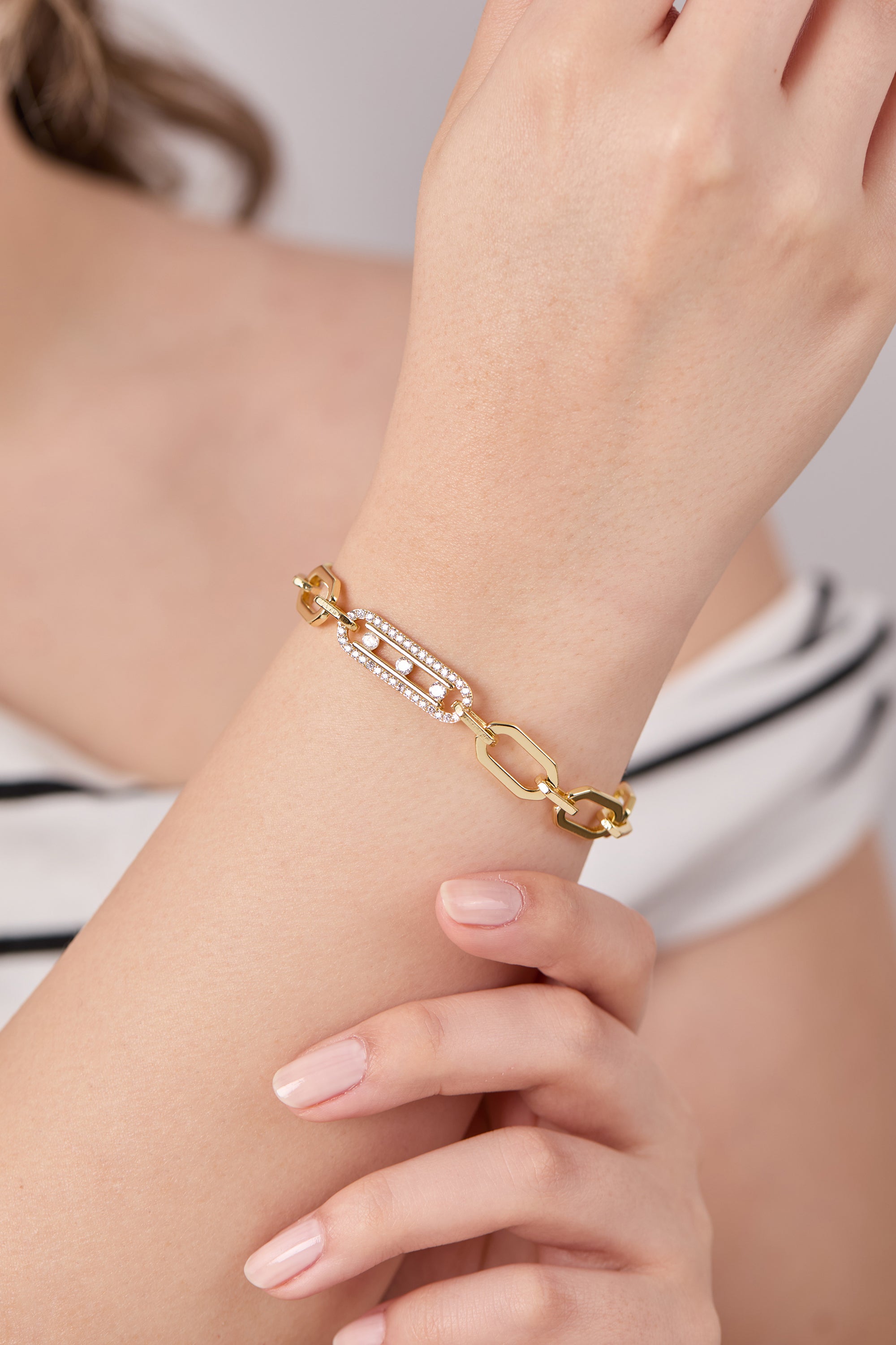 14K Gold Plated Stone Paperclip Bracelet