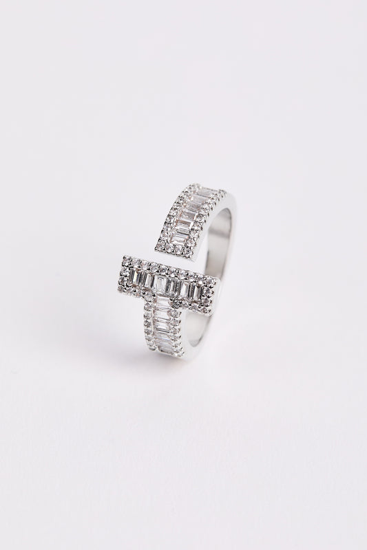 Rhodium Plated Baguette Stone Ring 