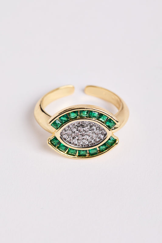 Rhodium Plated Eye Ring Green