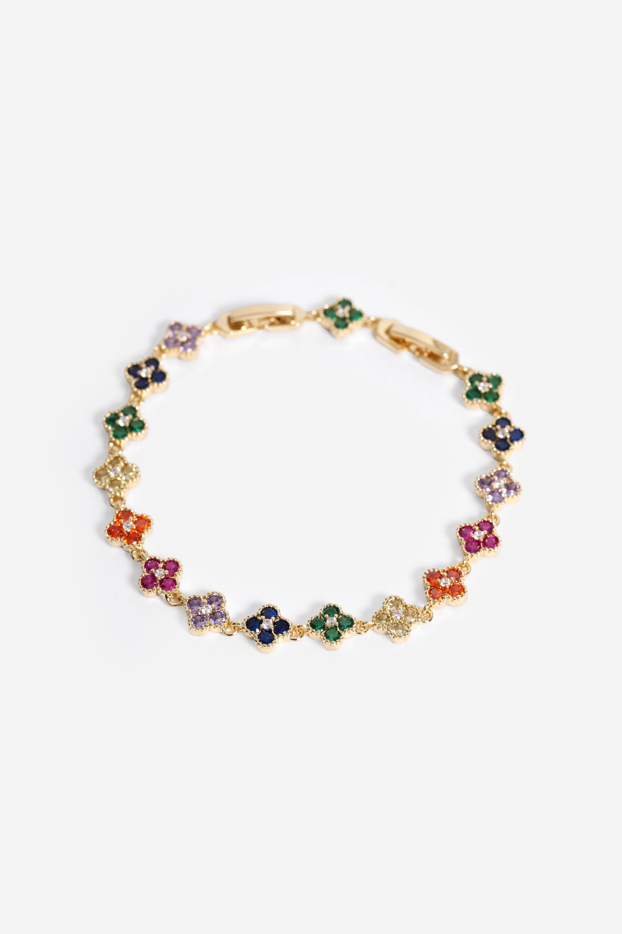 Altın Kaplama Zirkon Taşlı Renkli Yonca Bileklik